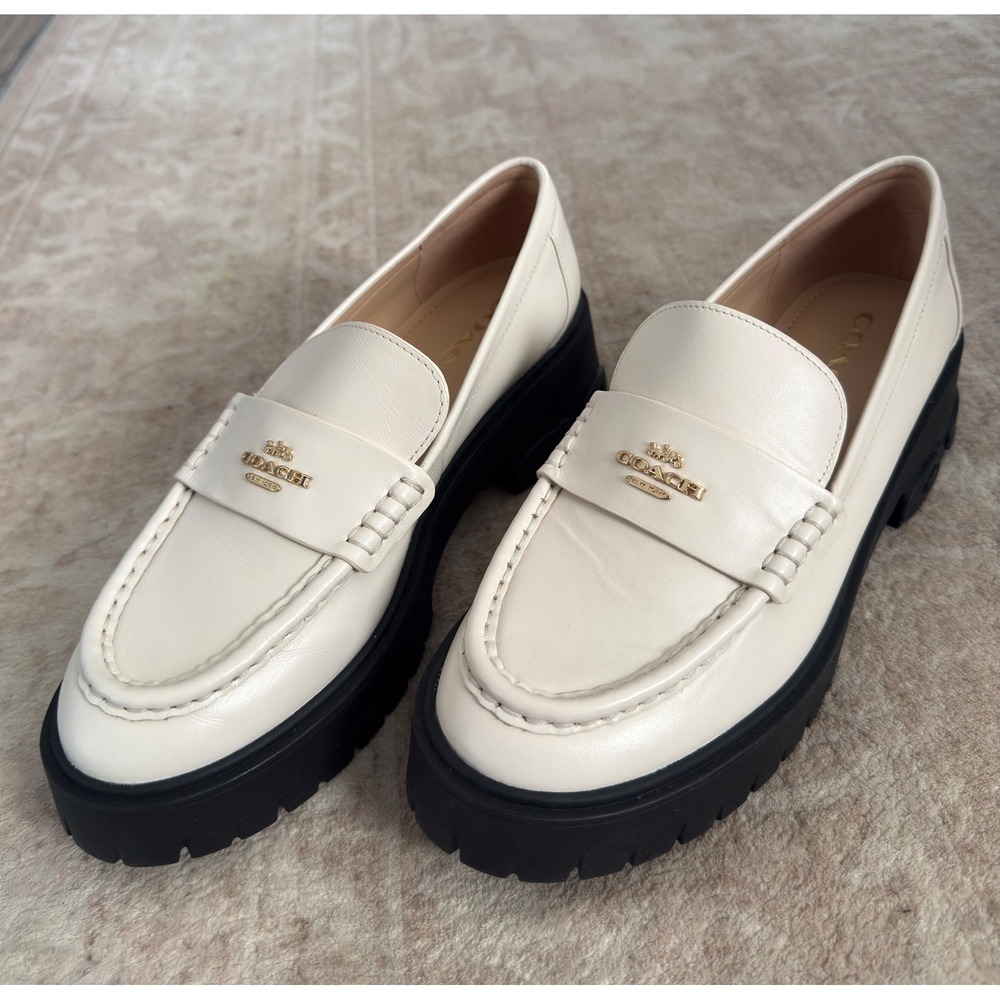 Coach Ruthie Chalk White Leather Lug Sole Penny Loafers Gold Hardware NWOB